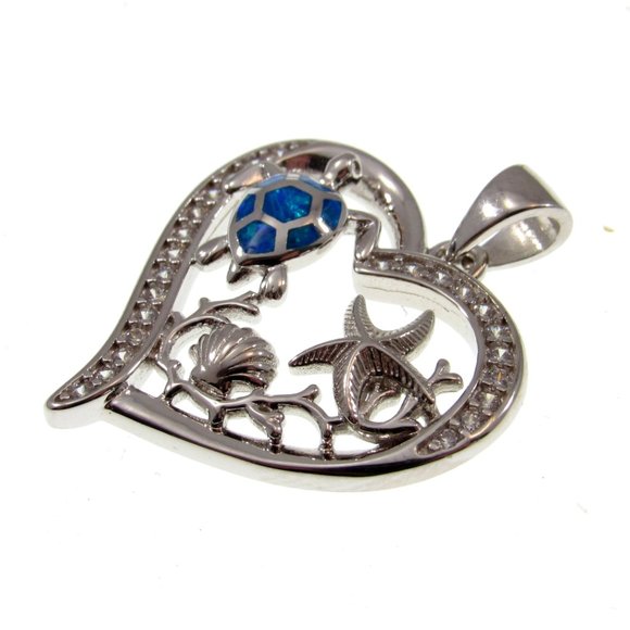 Solid 925 Sterling Silver and Blue Opal Sea Life Heart Pendant, Turtle & Shell - Picture 4 of 5